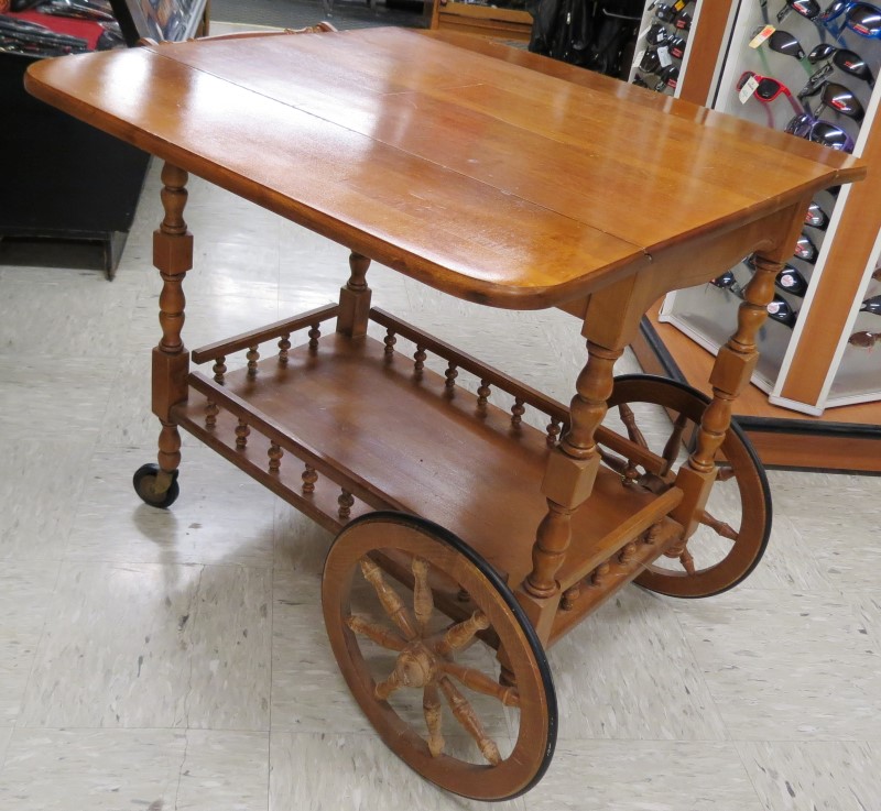 ANTIQUE MODEL 1880 MAPLE DROP LEAF WHEELED TEA CART Good Buya