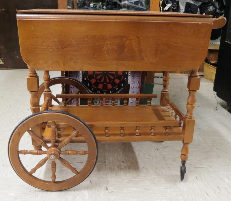 ANTIQUE MODEL 1880 MAPLE DROP LEAF WHEELED TEA CART Good Buya