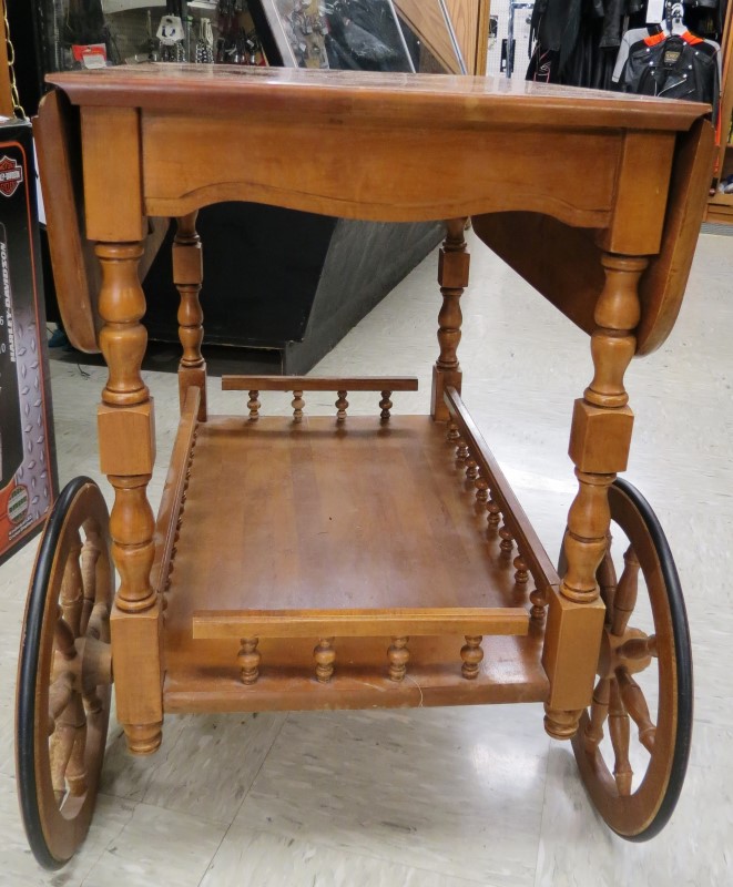 ANTIQUE MODEL 1880 MAPLE DROP LEAF WHEELED TEA CART Good Buya