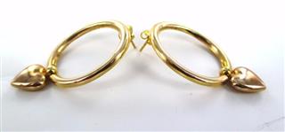 14KT YELLOW GOLD DANGLING HEART VALENTINE LOVE HOOP EARRINGS