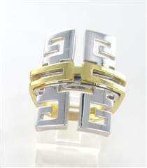 14K SOLID YELLOW & WHITE GOLD RING GREEK KEY COCKTAIL MADE IN ITALY
