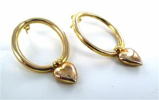 14KT YELLOW GOLD DANGLING HEART VALENTINE LOVE HOOP EARRINGS