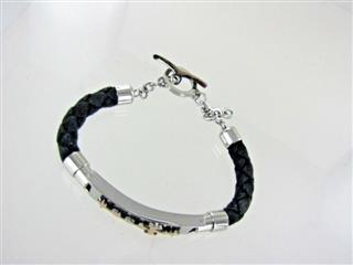 18KT & STAINLESS STEEL/ BLACK CORD BRACELET WITH CROSS