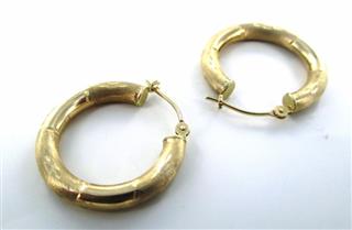 14KT YELLOW GOLD DIAMOND CUT DESIGN HOOP EARRINGS