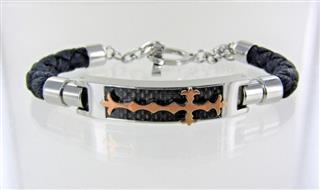 18KT & STAINLESS STEEL/ BLACK CORD BRACELET WITH CROSS