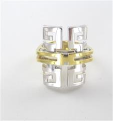 14K SOLID YELLOW & WHITE GOLD RING GREEK KEY COCKTAIL MADE IN ITALY