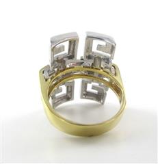 14K SOLID YELLOW & WHITE GOLD RING GREEK KEY COCKTAIL MADE IN ITALY