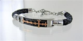 18KT & STAINLESS STEEL/ BLACK CORD BRACELET WITH CROSS