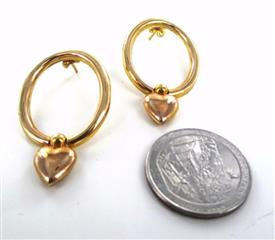 14KT YELLOW GOLD DANGLING HEART VALENTINE LOVE HOOP EARRINGS