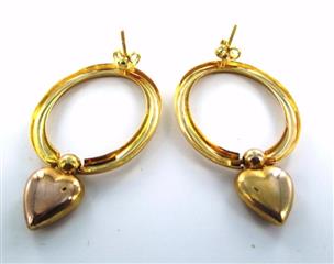 14KT YELLOW GOLD DANGLING HEART VALENTINE LOVE HOOP EARRINGS