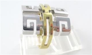 14K SOLID YELLOW & WHITE GOLD RING GREEK KEY COCKTAIL MADE IN ITALY