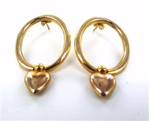 14KT YELLOW GOLD DANGLING HEART VALENTINE LOVE HOOP EARRINGS