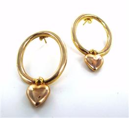14KT YELLOW GOLD DANGLING HEART VALENTINE LOVE HOOP EARRINGS