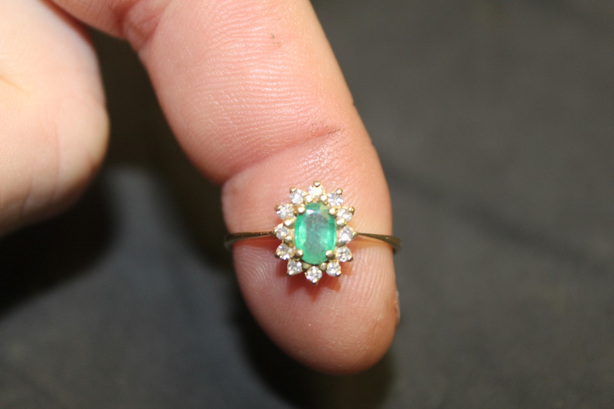 Emerald Lady's Stone & Diamond Ring 12 Diamonds .12 Carat T.W. 18K ...