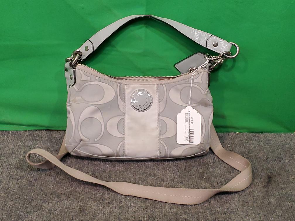 Coach Gray Silver Patent Leather Demi Pouch Crossbody Signature Stripe