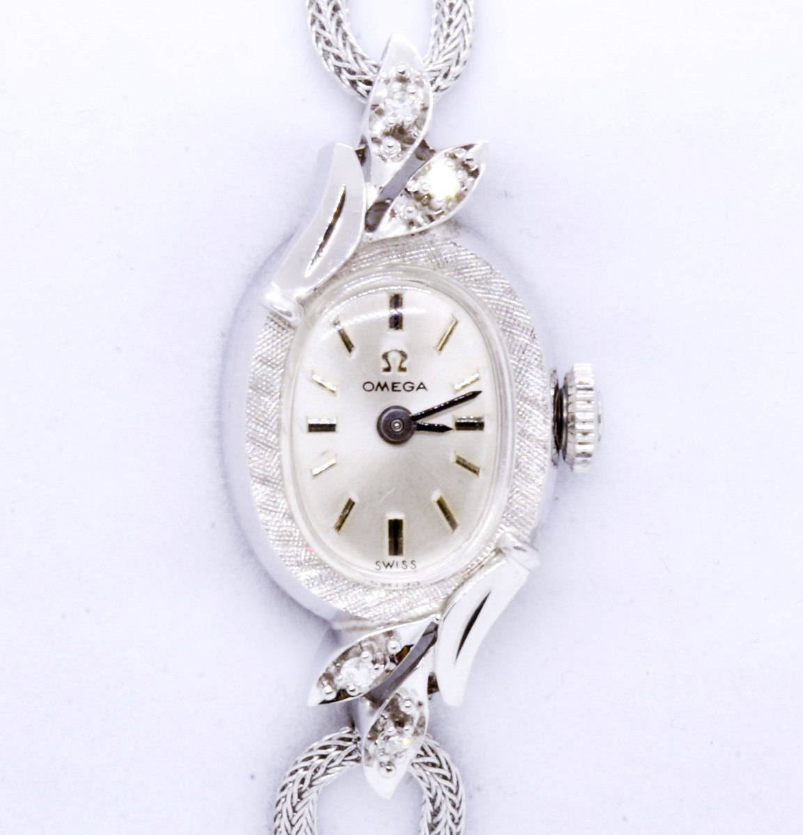 Vintage Omega 14K White Gold Case & Strap Round Diamond Wind-Up Ladies