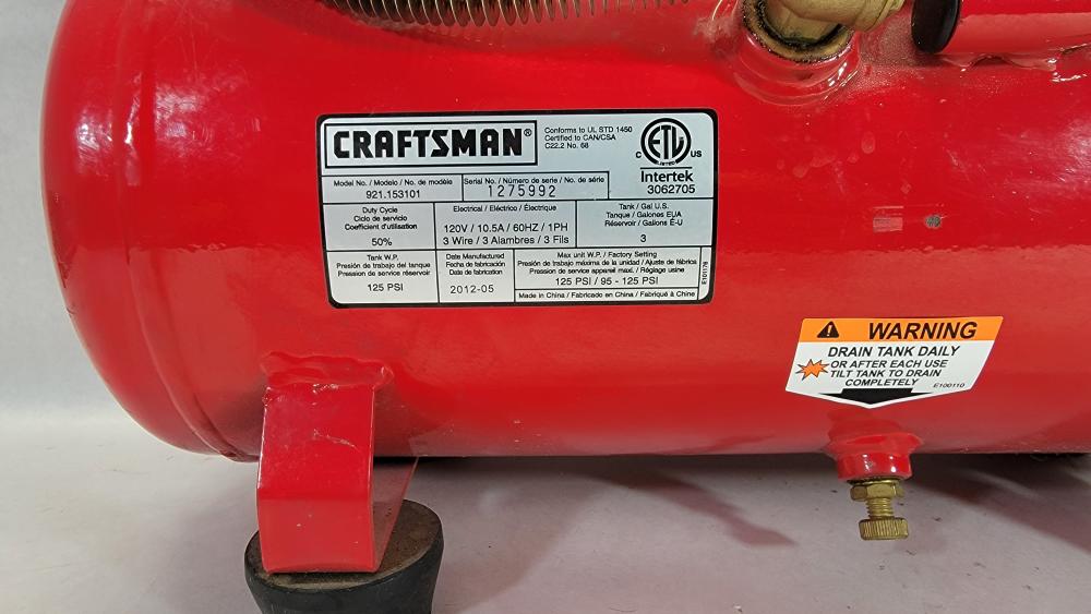 Craftsman 921.153101 125 PSI 1 HP 3 Gallon Air Compressor Good