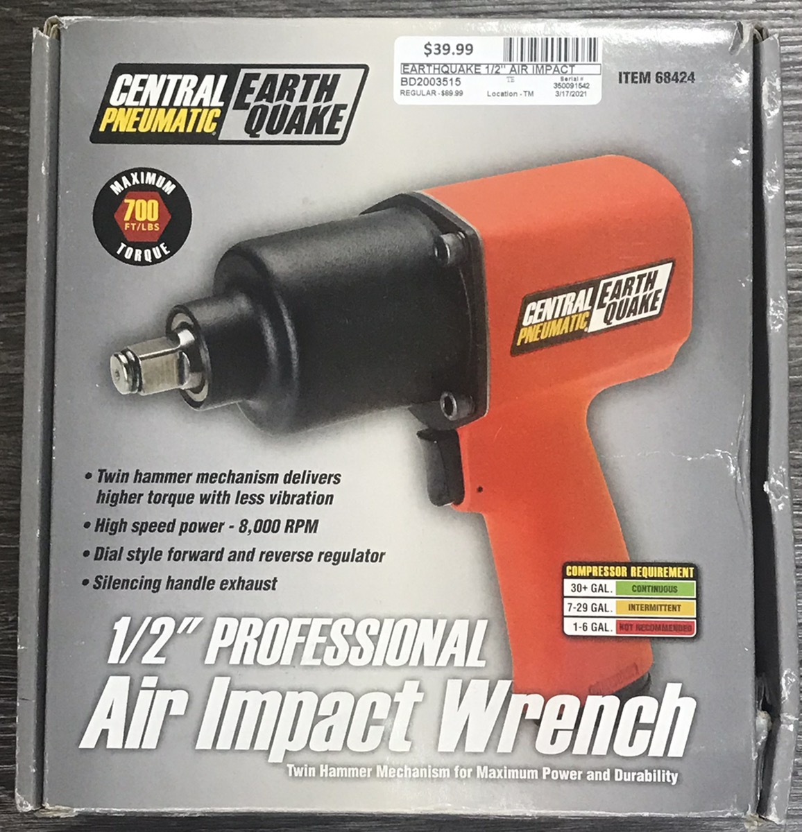 CENTRAL PNEUMATIC EARTHQUAKE 68424 1/2" AIR IMPACT WRENCH Like New