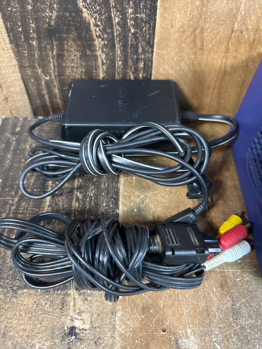 NINTENDO GAMECUBE INDIGO WITH ALL CORDS AND AFTERMARKET CONTROLLER
