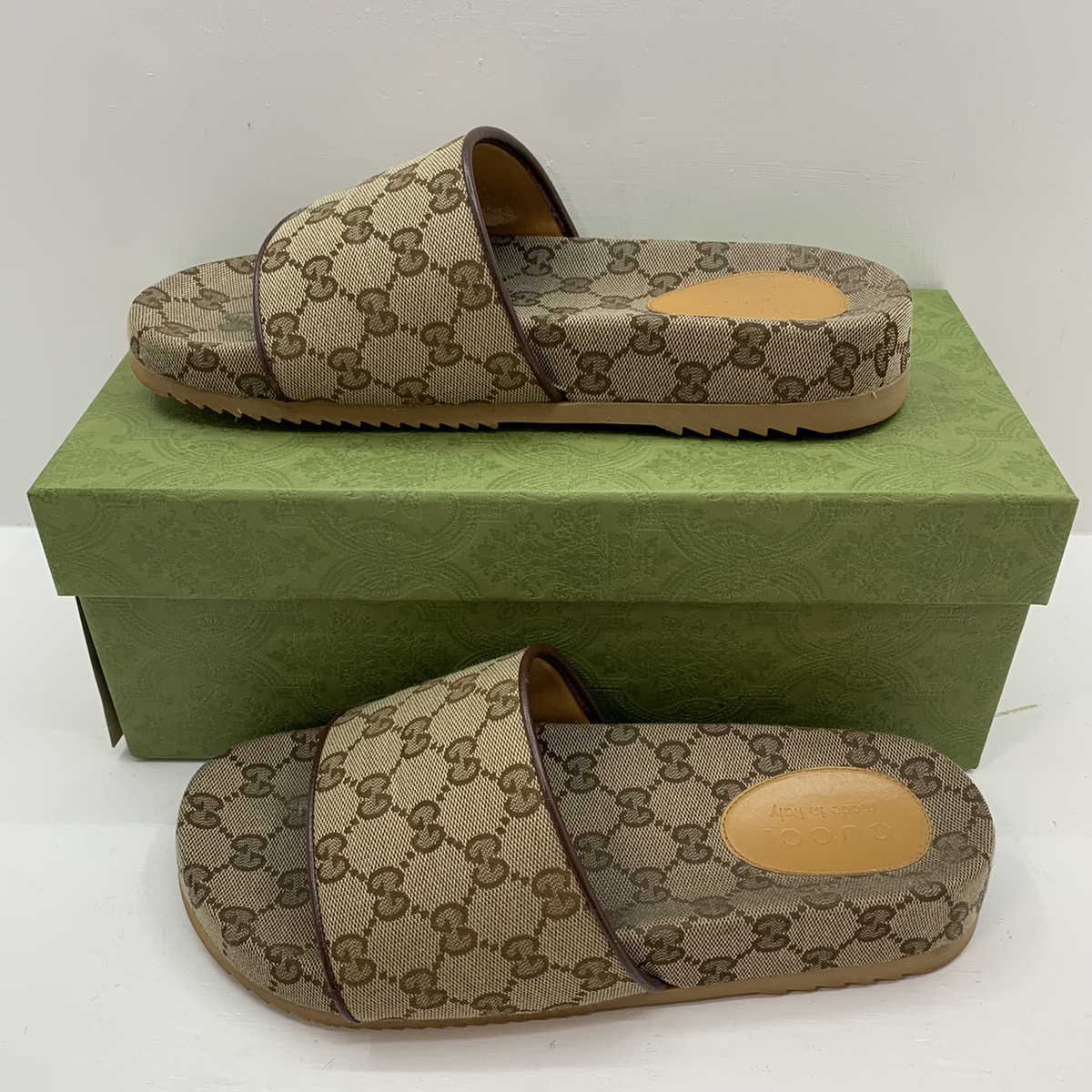 Gucci 624695 Mens GG Canvas Slide Sandals SZ 7 Beige Ebony/Light Brown ...