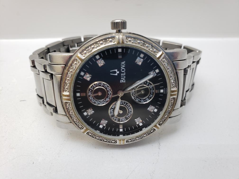 Bulova 96E04 39mm Stainless Steel Black Dial Diamond Accent Wrist Watch