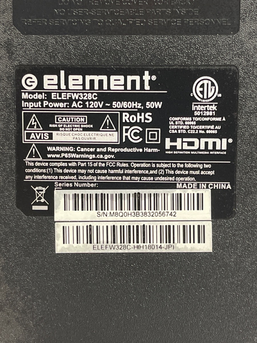 ELEMENT ELEFW328C ELEMENT 32" NOT SMART NO REMOTE FLAT PANEL TV (re