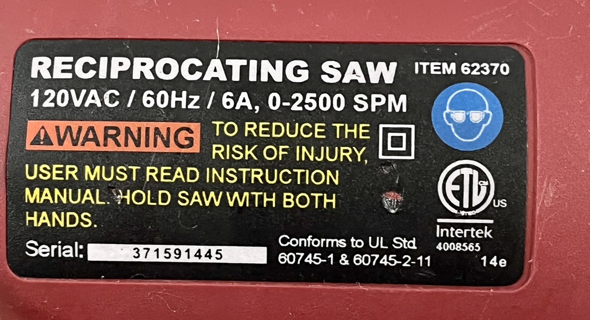 CHICAGO ELECTRIC 62370 RECIPROCATING SAW Acceptable Buya