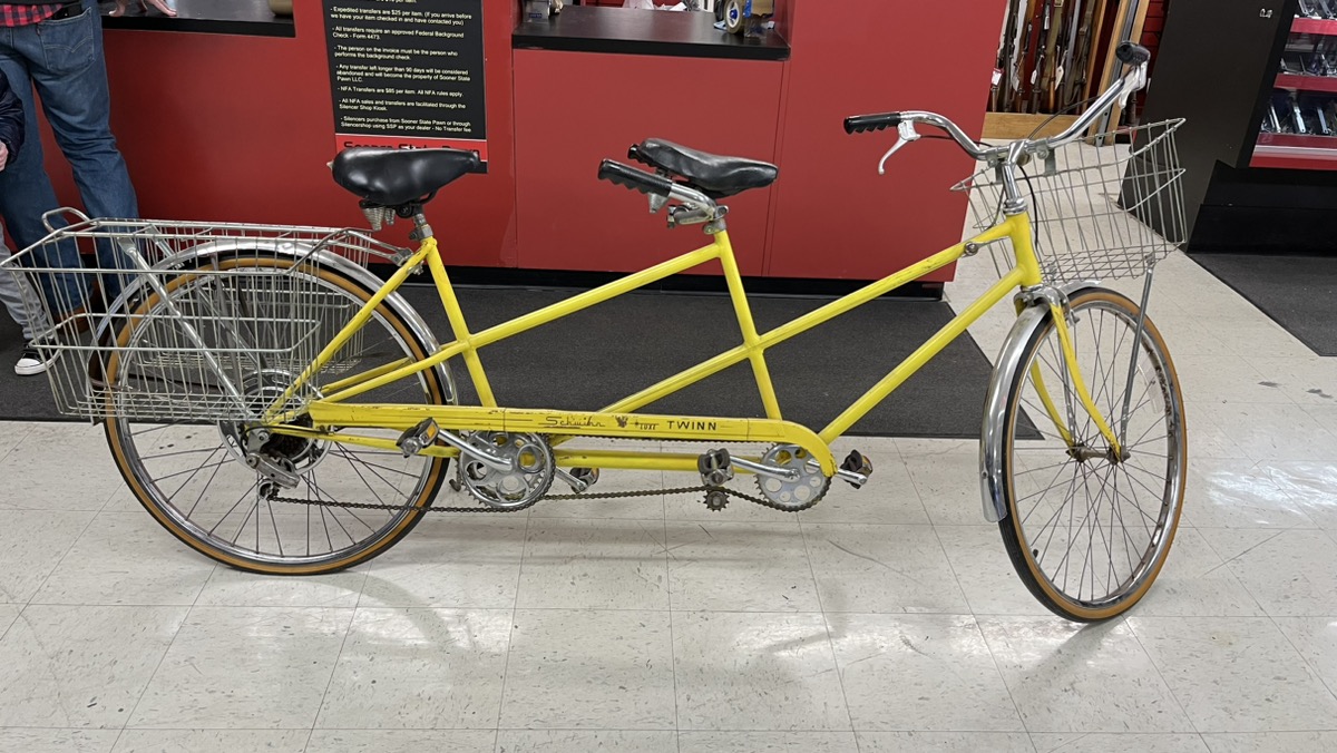 Schwinn DeLuxe Twinn Tandem Vintage Bicycle Yellow w/ Cargo Baskets