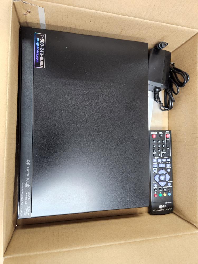 LG BLURAY AND DVD PLAYER MODEL BP125 WITH ORIGINAL BOX, REMOTE, AND