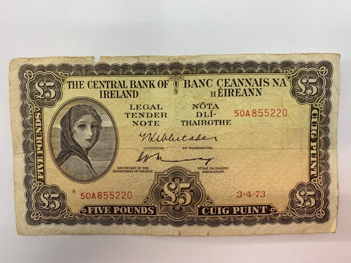 Lady Lavery Central Bank Of Ireland Irish Banknote Five Pound Punt 1973 ...