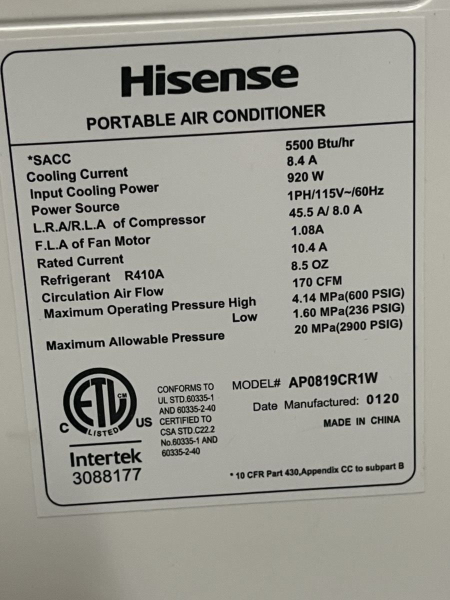 HISENSE AP0819CR1W 5,500 BTU ULTRASLIM PORTABLE AC UNIT Acceptable Buya