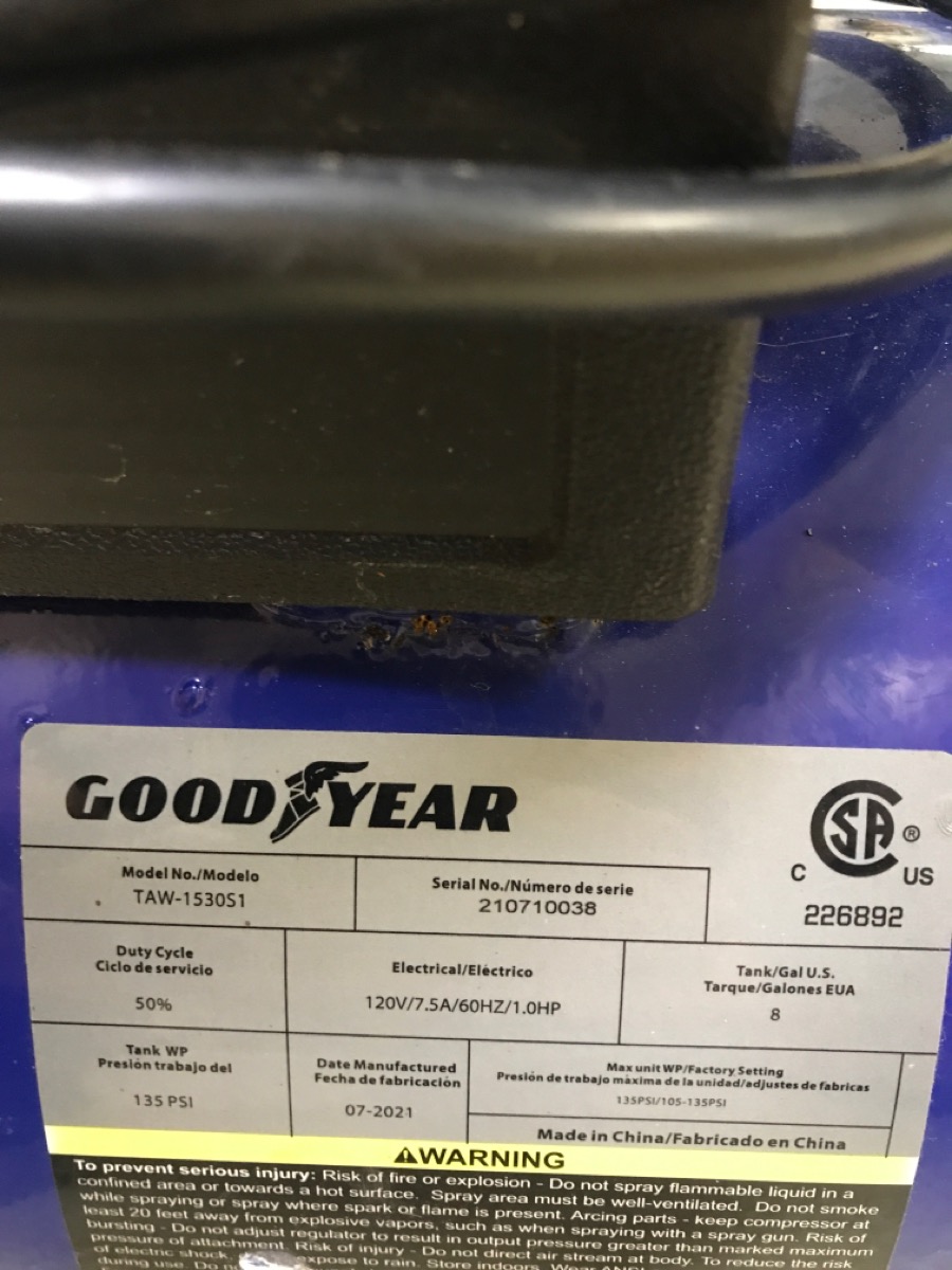 GOODYEAR TAW1530S1 8 GAL AIR COMPRESSOR (ye kp) Very Good Buya