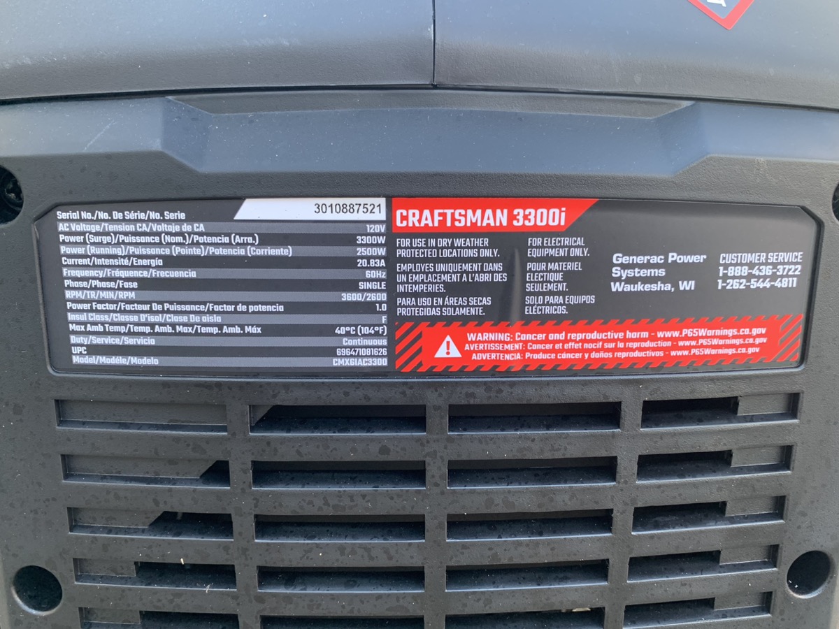 CRAFTSMAN 3300I PORTABLE GENERATOR 3300 WATT (ALENKB) Very Good Buya