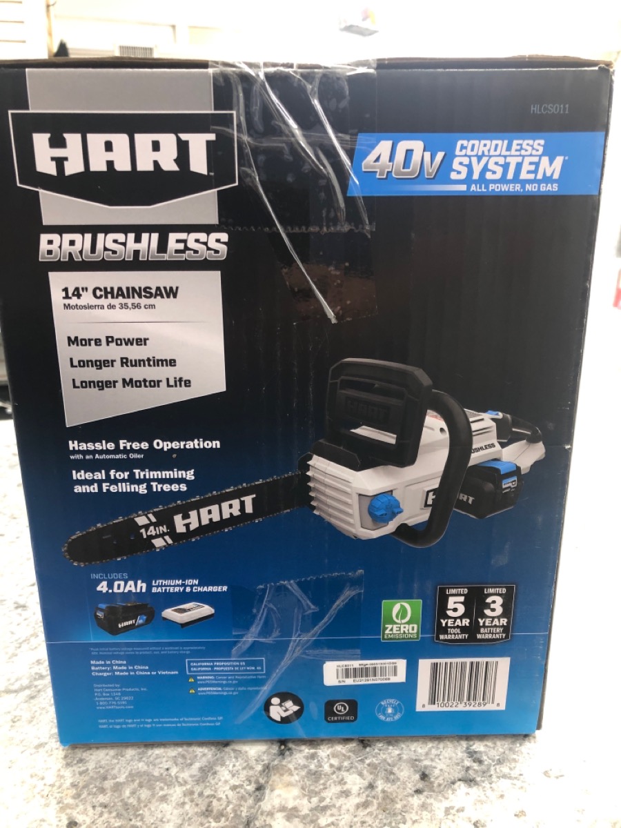 HART HLCS011 40V Liion BRUSHLESS 14" Chainsaw Kit w/4AH Battery