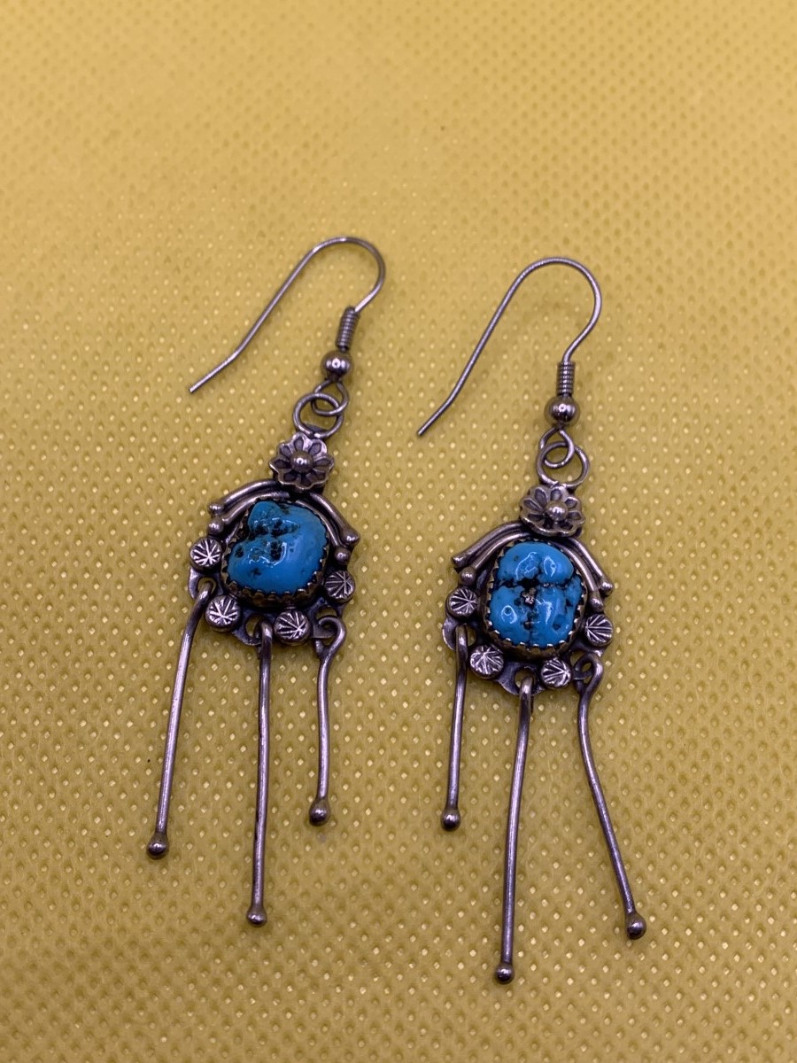 VINTAGE STERLING SILVER & TURQUOISE DANGLE EARRINGS SIGNED PERCY Pre
