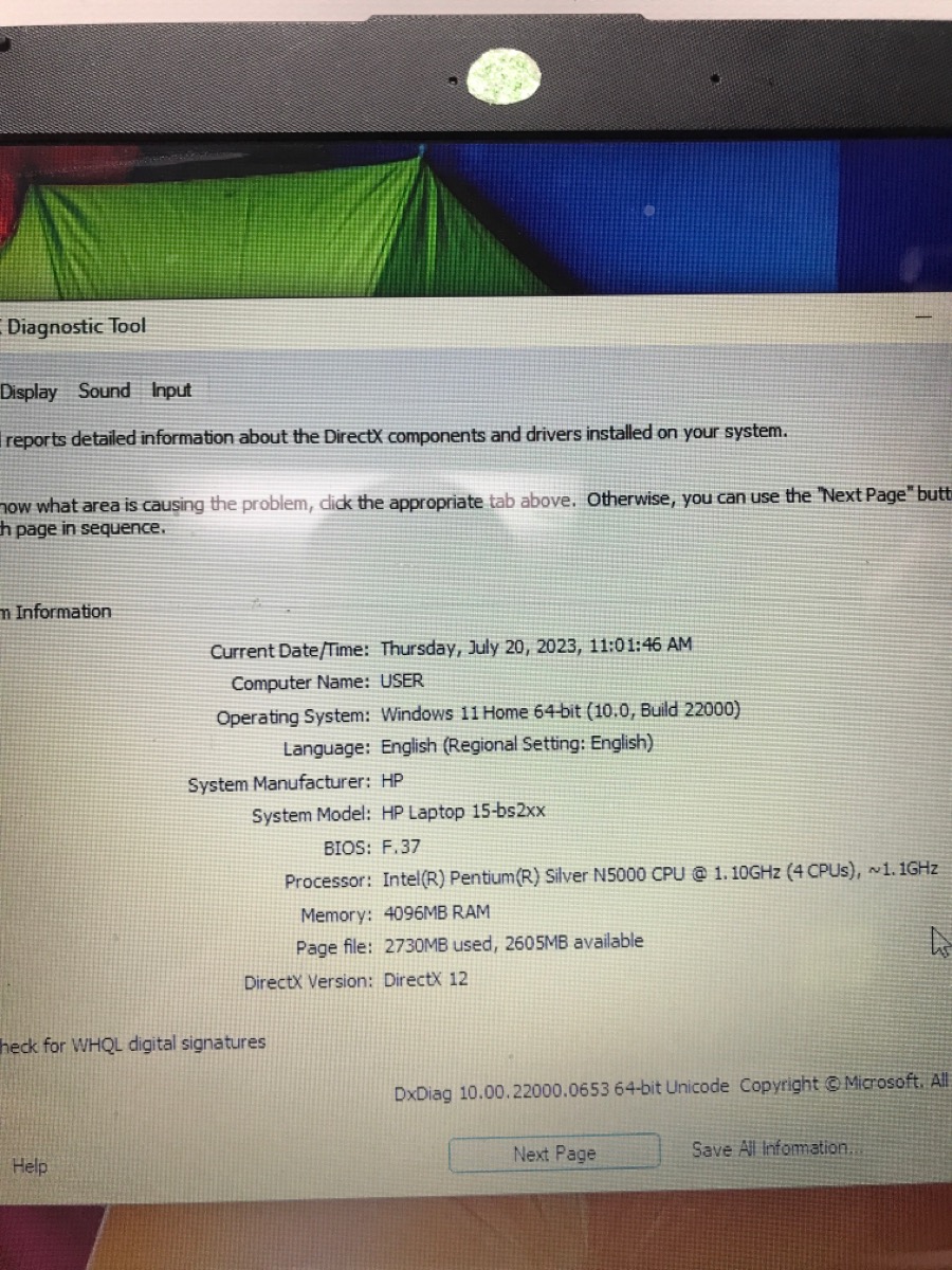 HEWLETT PACKARD LAPTOP MODEL 15BS2XX, INTEL PENTIUM SILVER 1.10GHZ 4GB