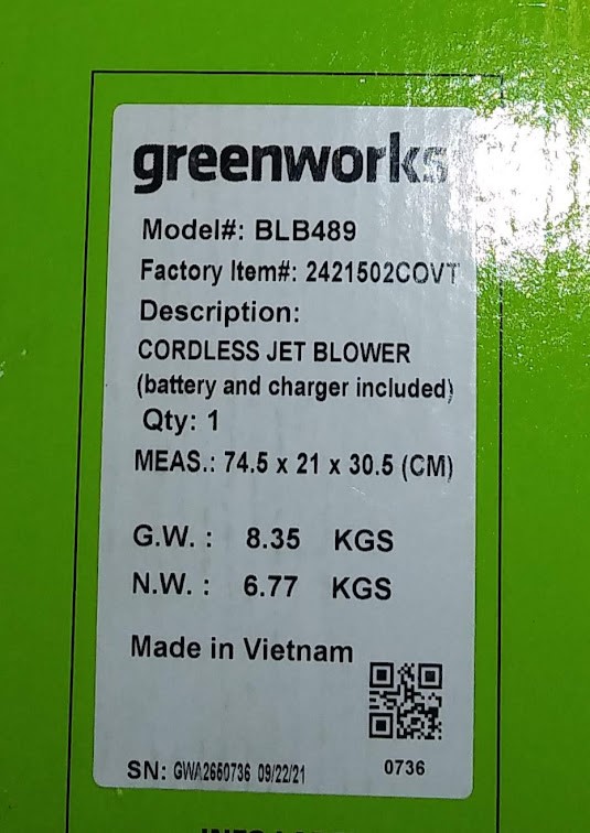 GREENWORKS BLB489 80v Cordless Brushless Jet Blower w/Battery & Charger