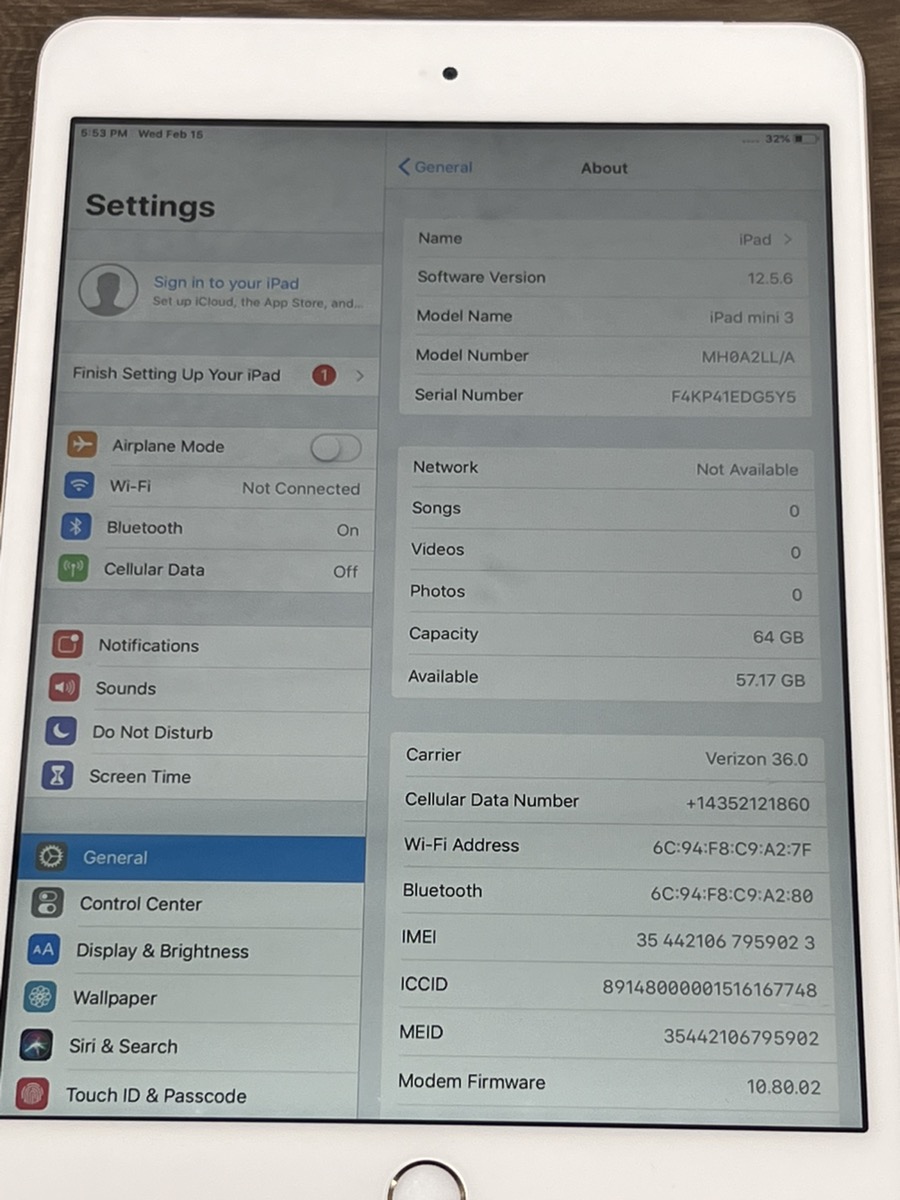 APPLE IPAD MINI 3 A1600 mh0a2ll/a 64GB WIFI+CELLULAR NO CHARGER GOLD ...