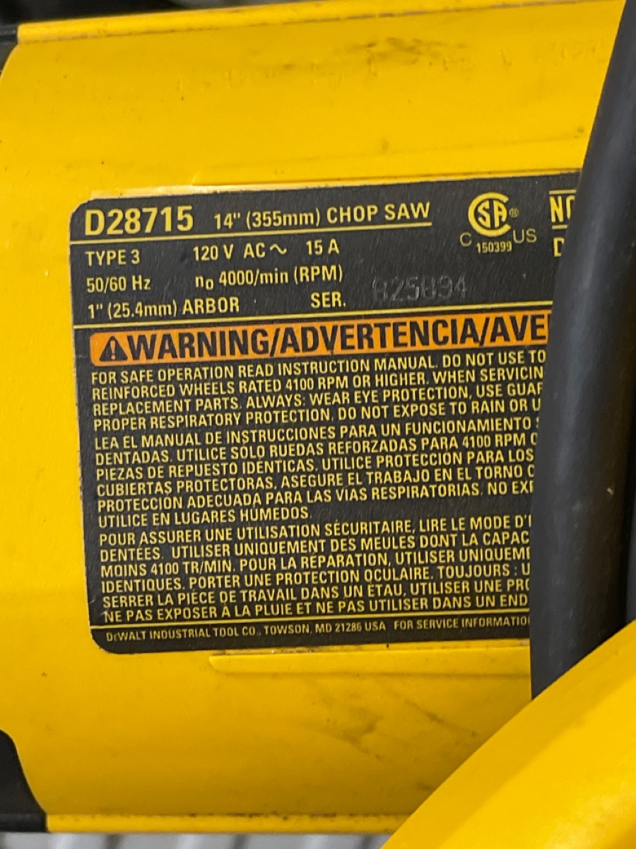 DEWALT D28715 Chop Saw, QuickChange, 14Inch *LOCAL PICKUP ONLY* (yl