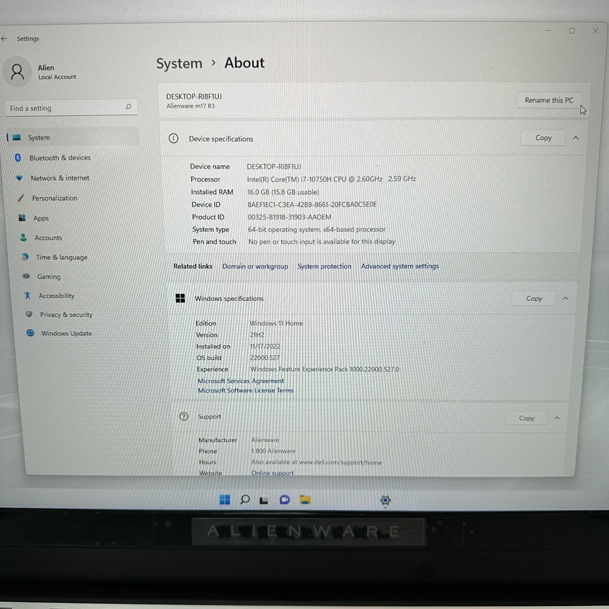 Alienware M17 R4 P45E 17" i7-10870H 2.2GHz 16GB RAM 1TB RTX 2070 Super ...