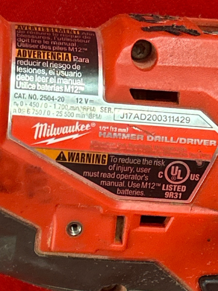 Milwaukee 250420 1/2" M12 Hammer Fuel Brushless Drill Driver Tool Only