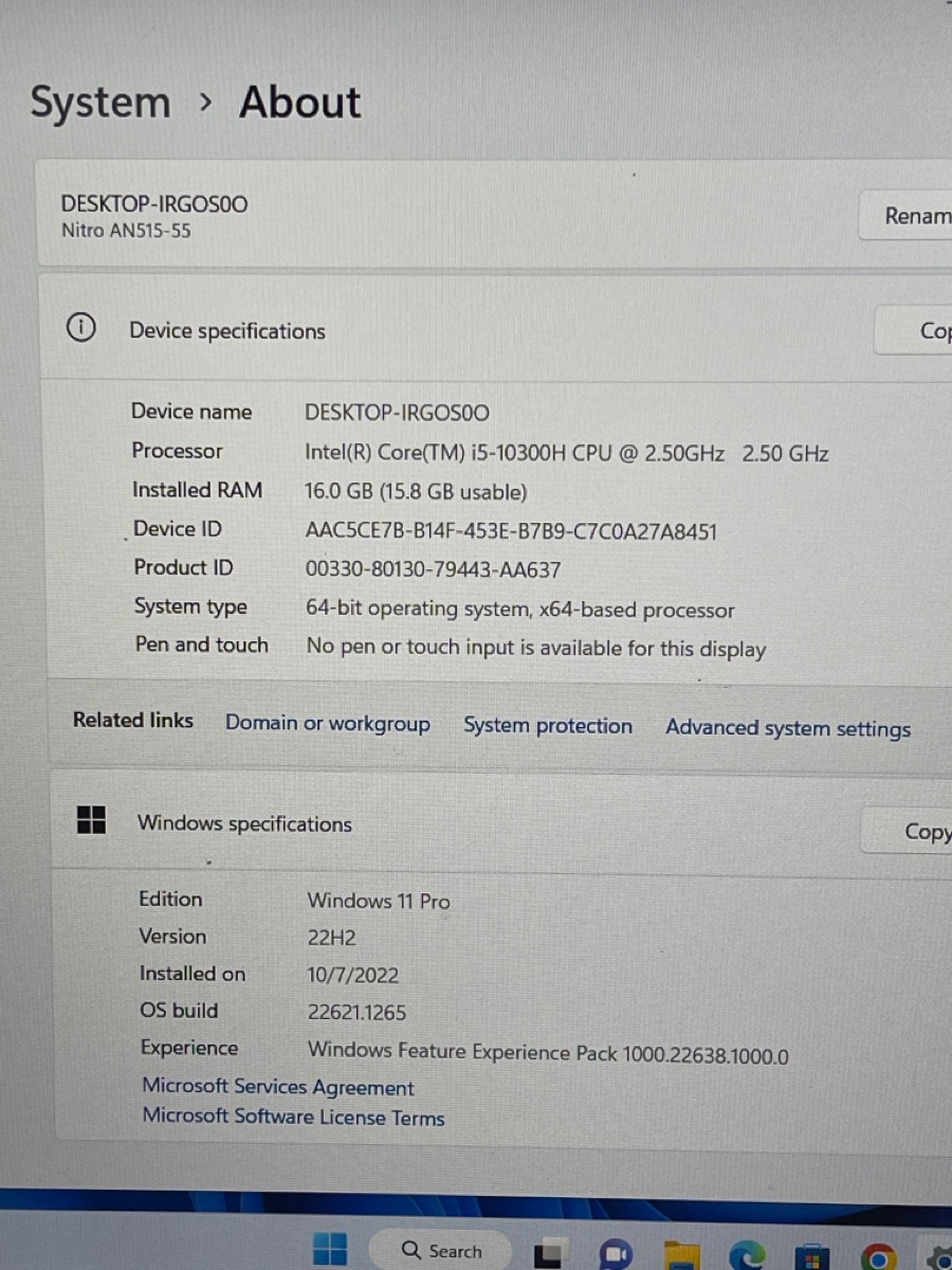 ACER NITRO 5 AN15-55 I5-10300H GTX 1650 16GB RAM 256 SSD (aee) Very ...