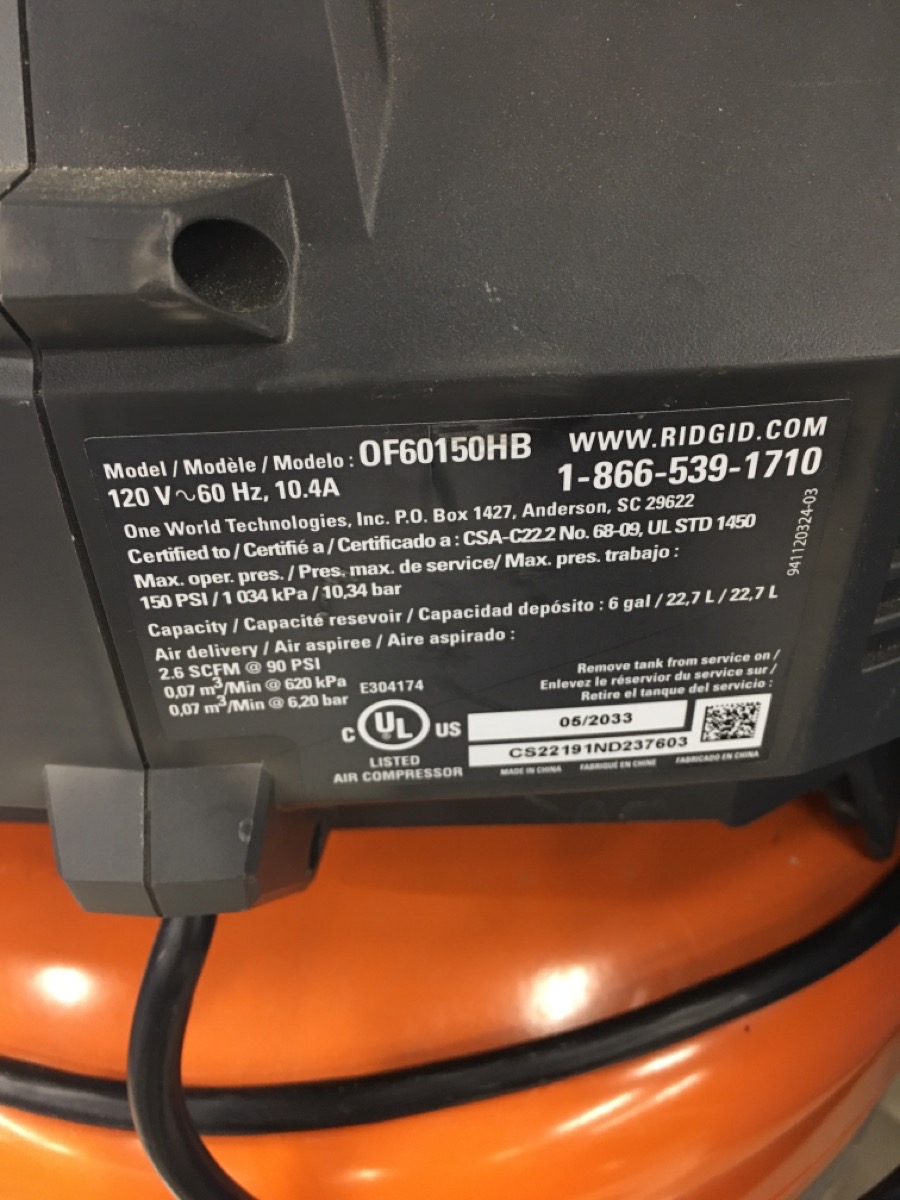 RIDGID TOOLS 6 GALLON PORTABLE ELECTRIC PANCAKE AIR COMPRESSOR