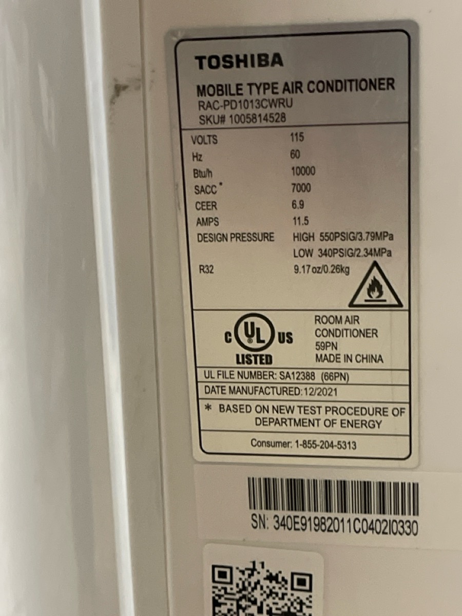 TOSHIBA RACPD1013CWRU 10000BTU/H FREE STANDING INDOOR AC UNIT (ll