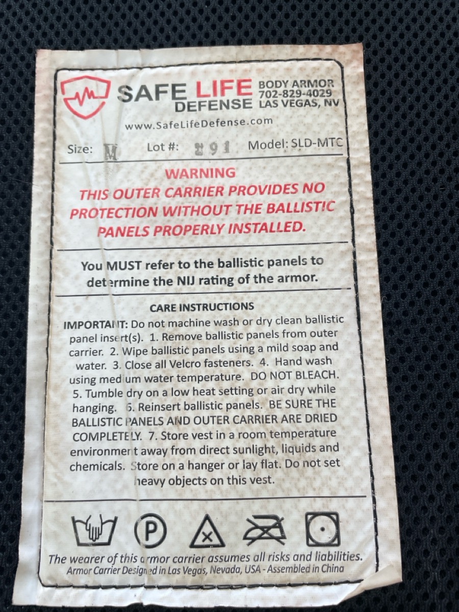 Safe Life Defense Vest SLDMTC Level IIIA Size Medium Read Description