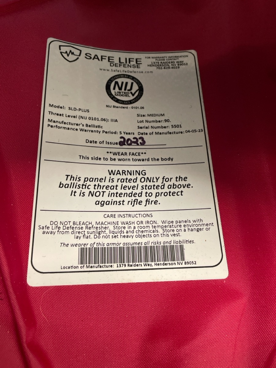 Safe Life Defense Vest SLDMTC Level IIIA Size Medium Read Description